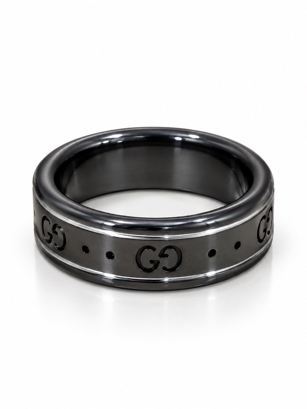 Gucci Icon Black Ceramic and White Gold Band Ring & White Gold Ring Sz 16 / 7.5